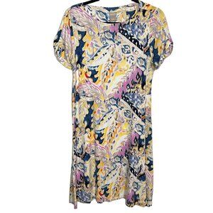 Chicos Abstract Paisley Dress Small Blue Yellow Short Sleeve Stretch